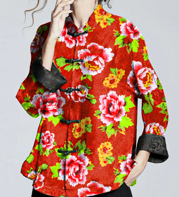 Moda Lusitana - Casaco de Seda Floral Chinês com Gola Alta
