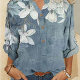 Camisa feminina de gola alta em algodão com bordados florais