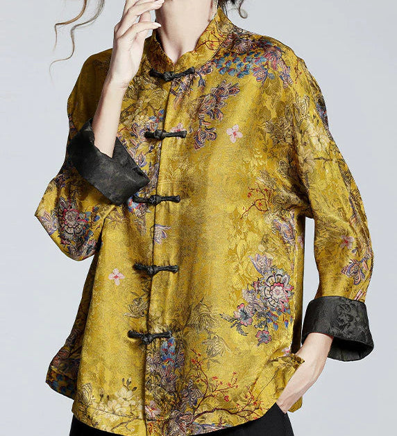 Moda Lusitana - Casaco de Seda Floral Chinês com Gola Alta