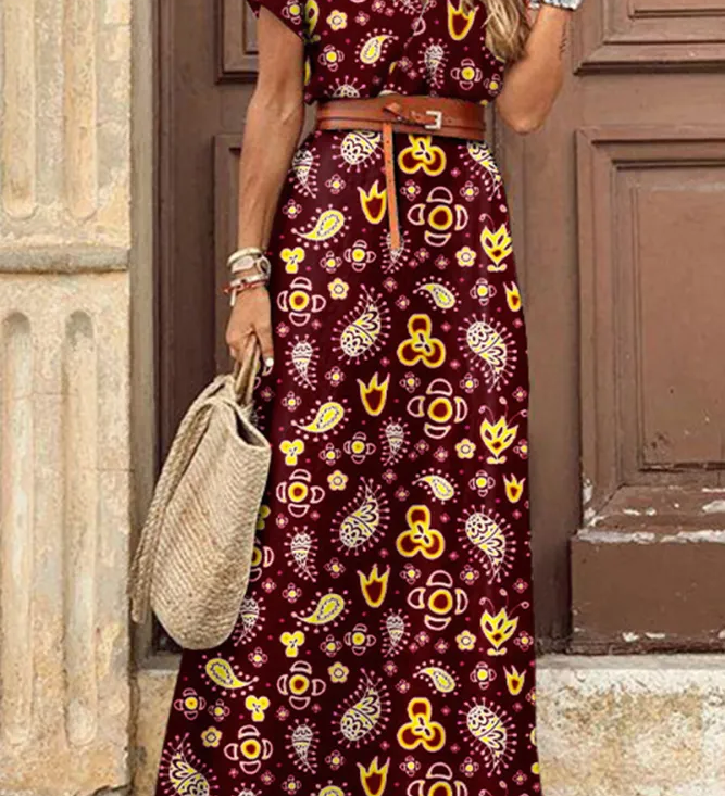Irina - Vestidos de corte em A com estampado elegante, sem cinto e com decote em V