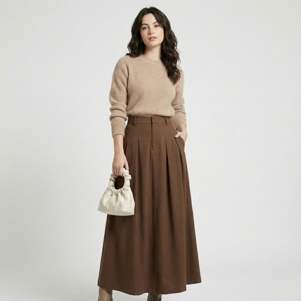 Saia maxi plissada em tecido estruturado | Cintura subida | Elegância fluida