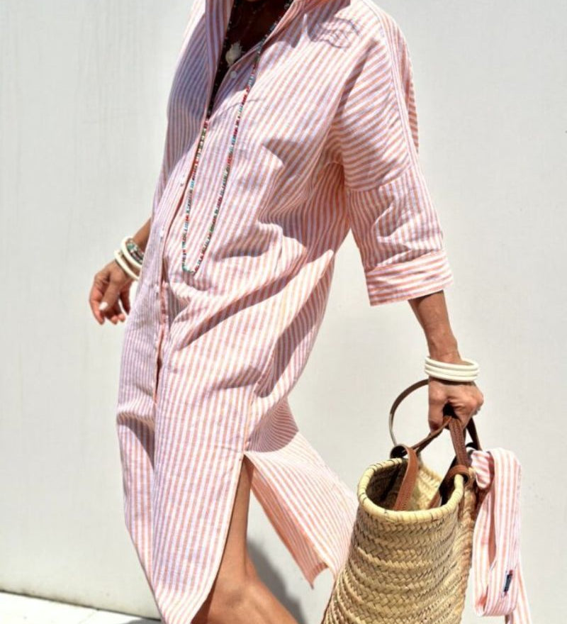 COLEN - VESTIDO CAMISA LISTRADO CLÁSSICO COM RENDA