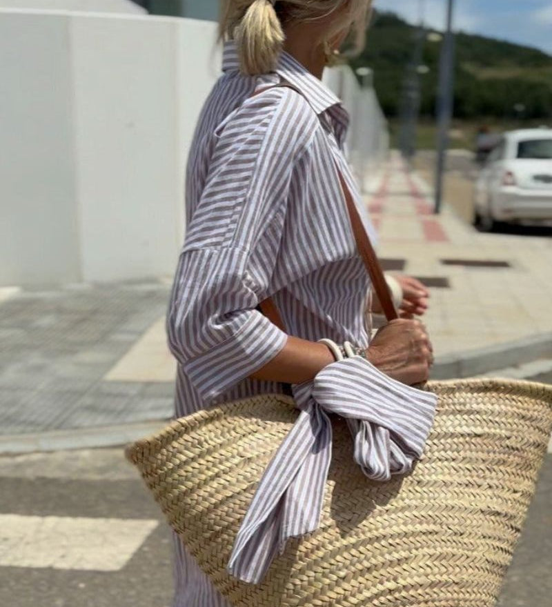 COLEN - VESTIDO CAMISA LISTRADO CLÁSSICO COM RENDA