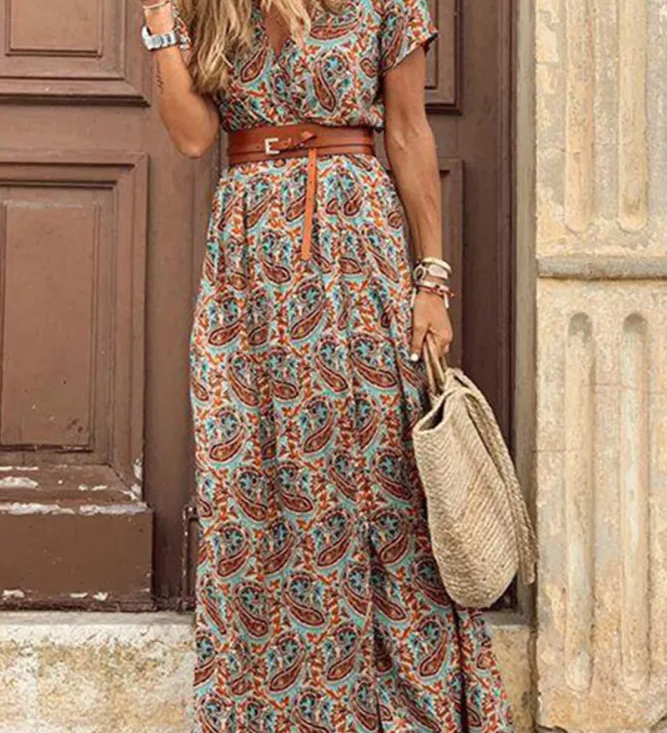 Irina - Vestidos de corte em A com estampado elegante, sem cinto e com decote em V