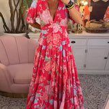 Catrisa™ - Vestido com decote em V e estampa floral e bolsos