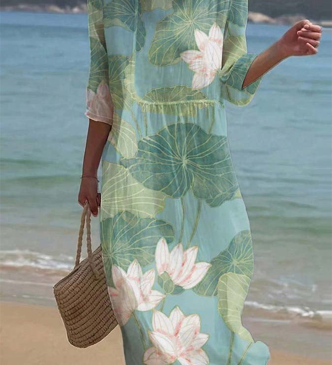 Carla - Vestido casual com gola redonda e mangas médias e estampa floral