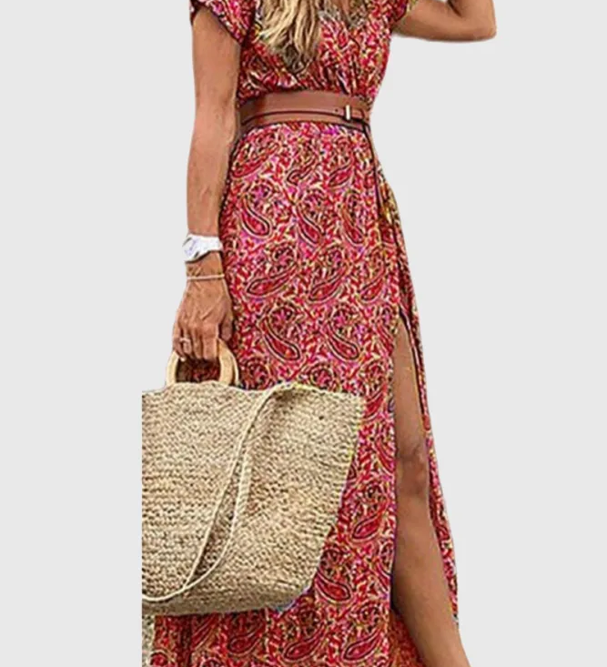 Irina - Vestidos de corte em A com estampado elegante, sem cinto e com decote em V