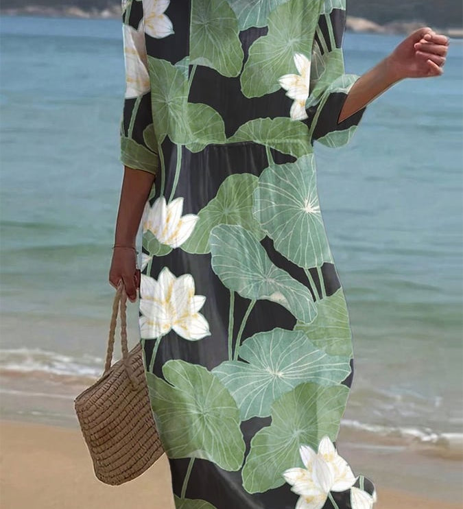 Carla - Vestido casual com gola redonda e mangas médias e estampa floral