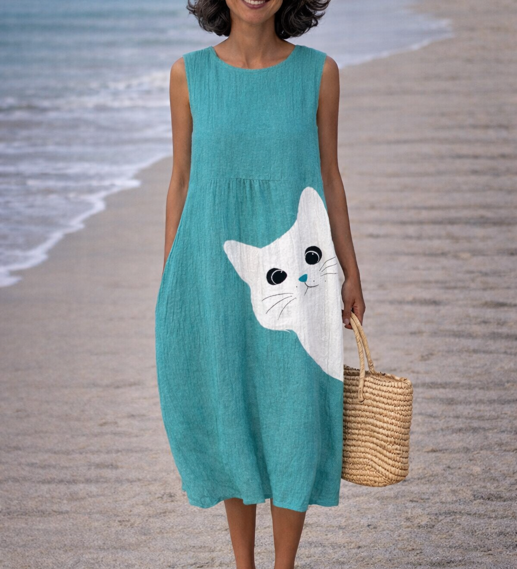 Moda Lusitana - Vestido Midi Estampa de Gato