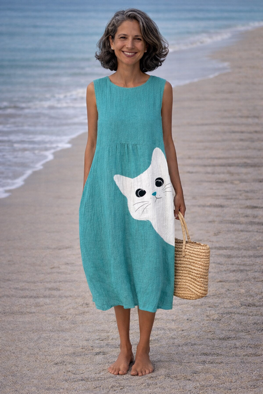 Moda Lusitana - Vestido Midi Estampa de Gato