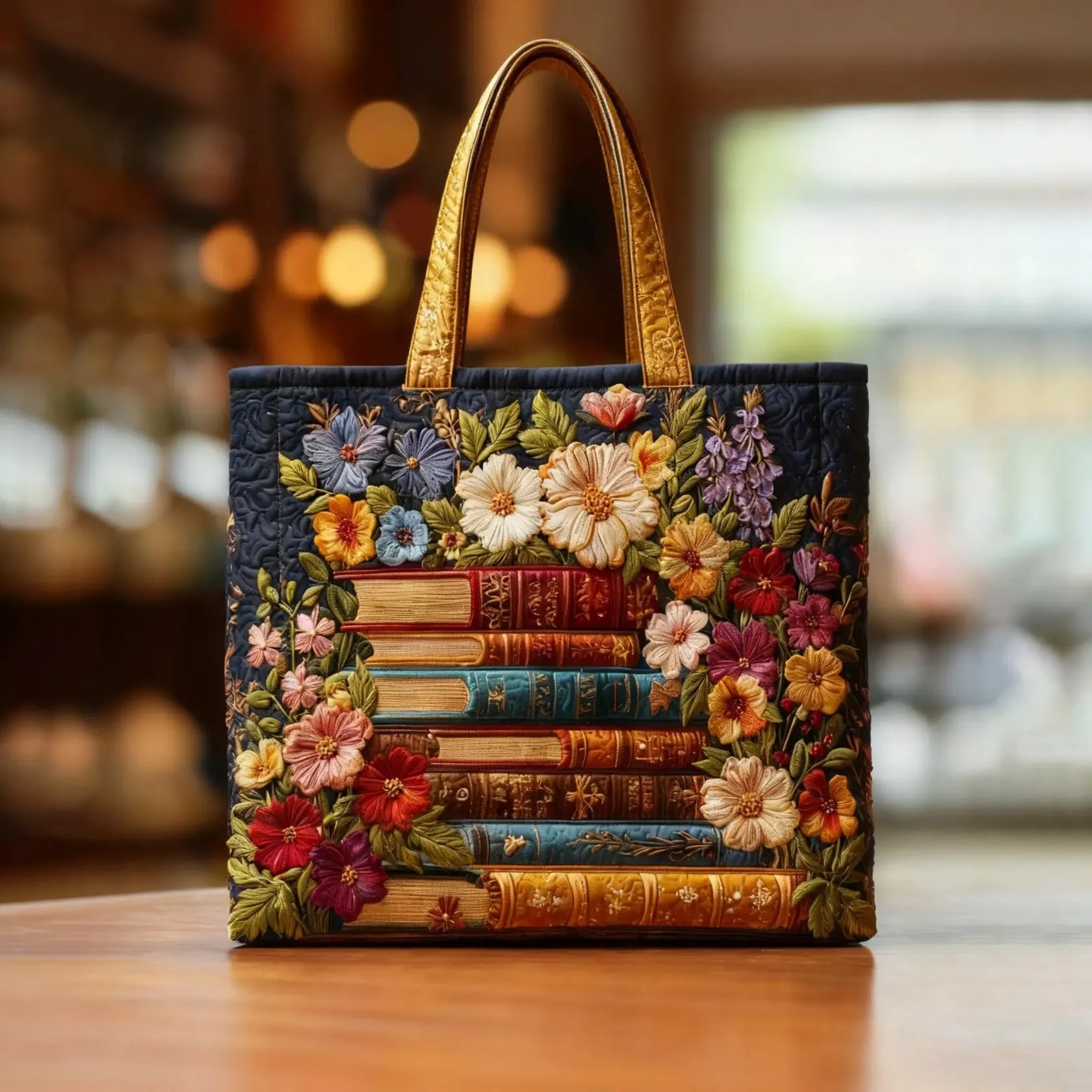 Moda Lusitana - Saco Tote Acolchoado com Flores e Livros