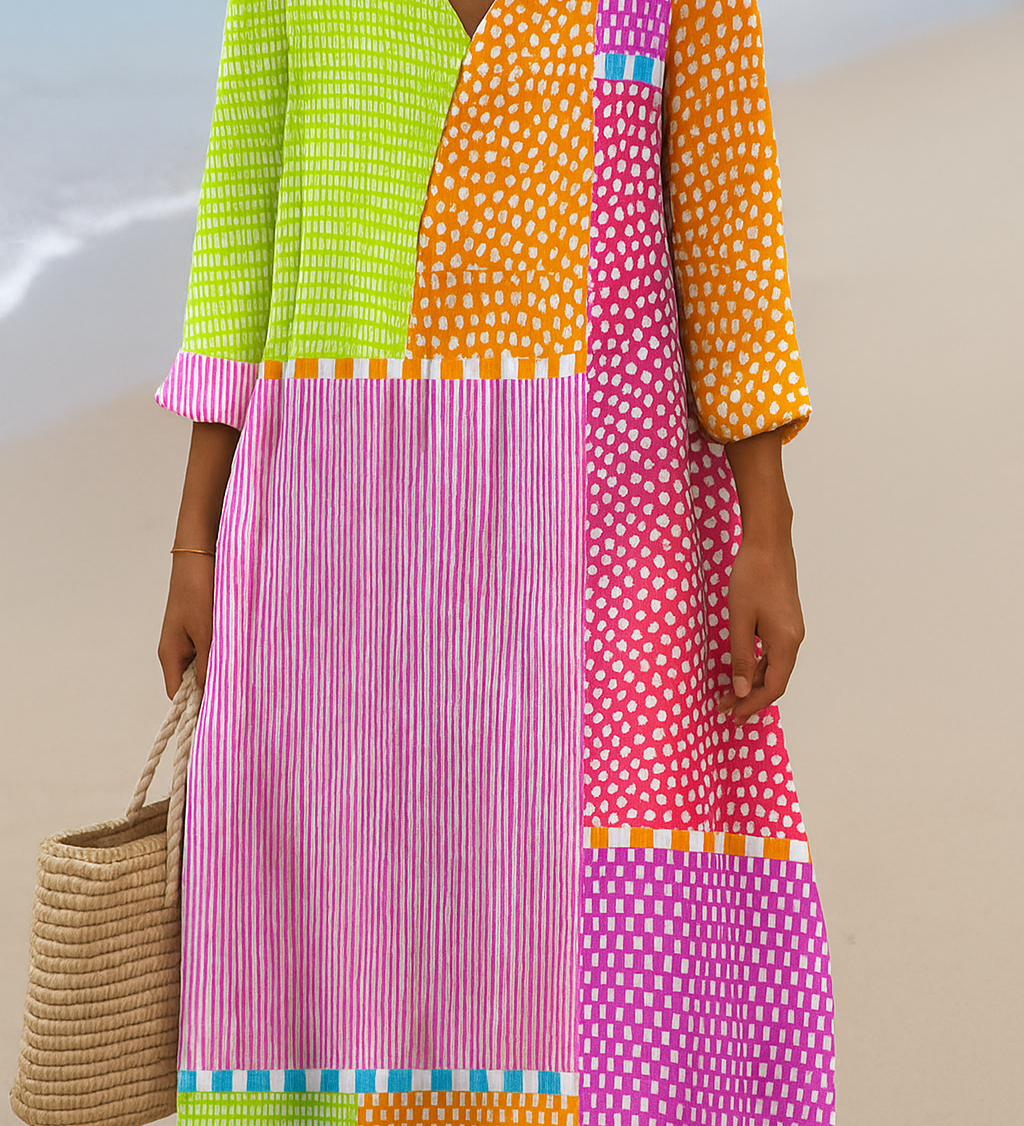 Fátima - Vestido de Patchwork Colorido com Bolinhas e Listras