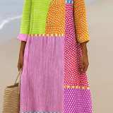 Fátima - Vestido de Patchwork Colorido com Bolinhas e Listras