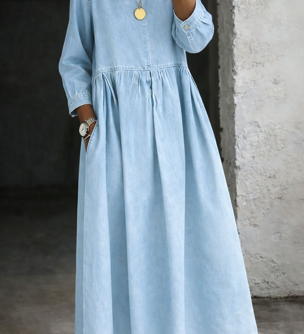 Moda Lusitana - Vestido de ganga com gola Peter Pan