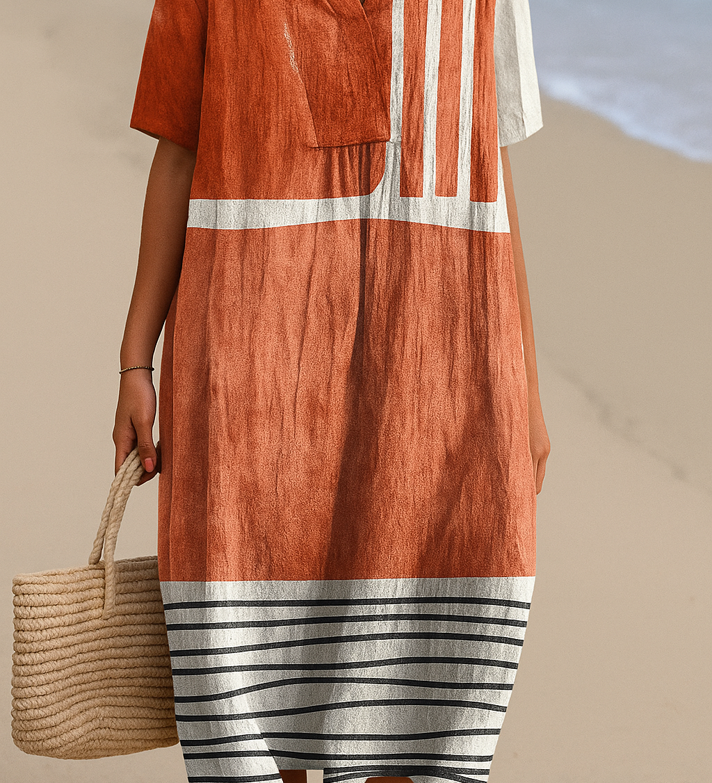 Selene - Vestido Terracota com Listras Gráficas