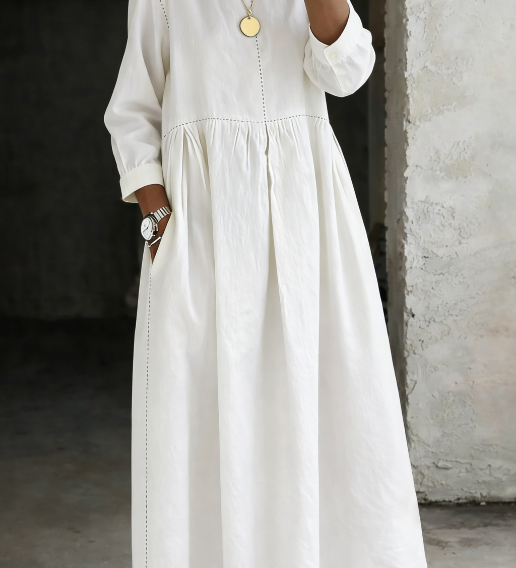 Moda Lusitana - Vestido de ganga com gola redonda e mangas compridas