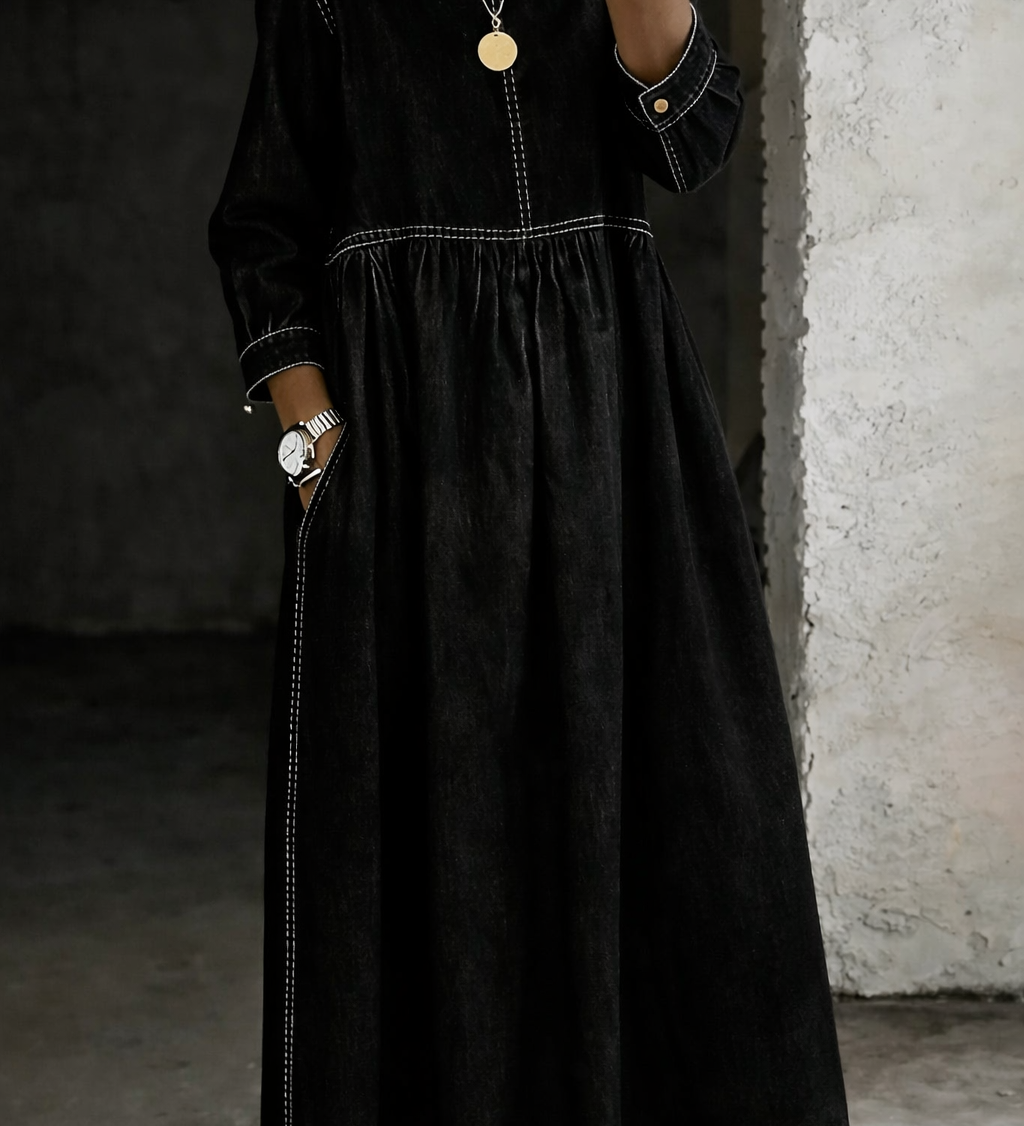Moda Lusitana - Vestido de ganga com gola redonda e mangas compridas