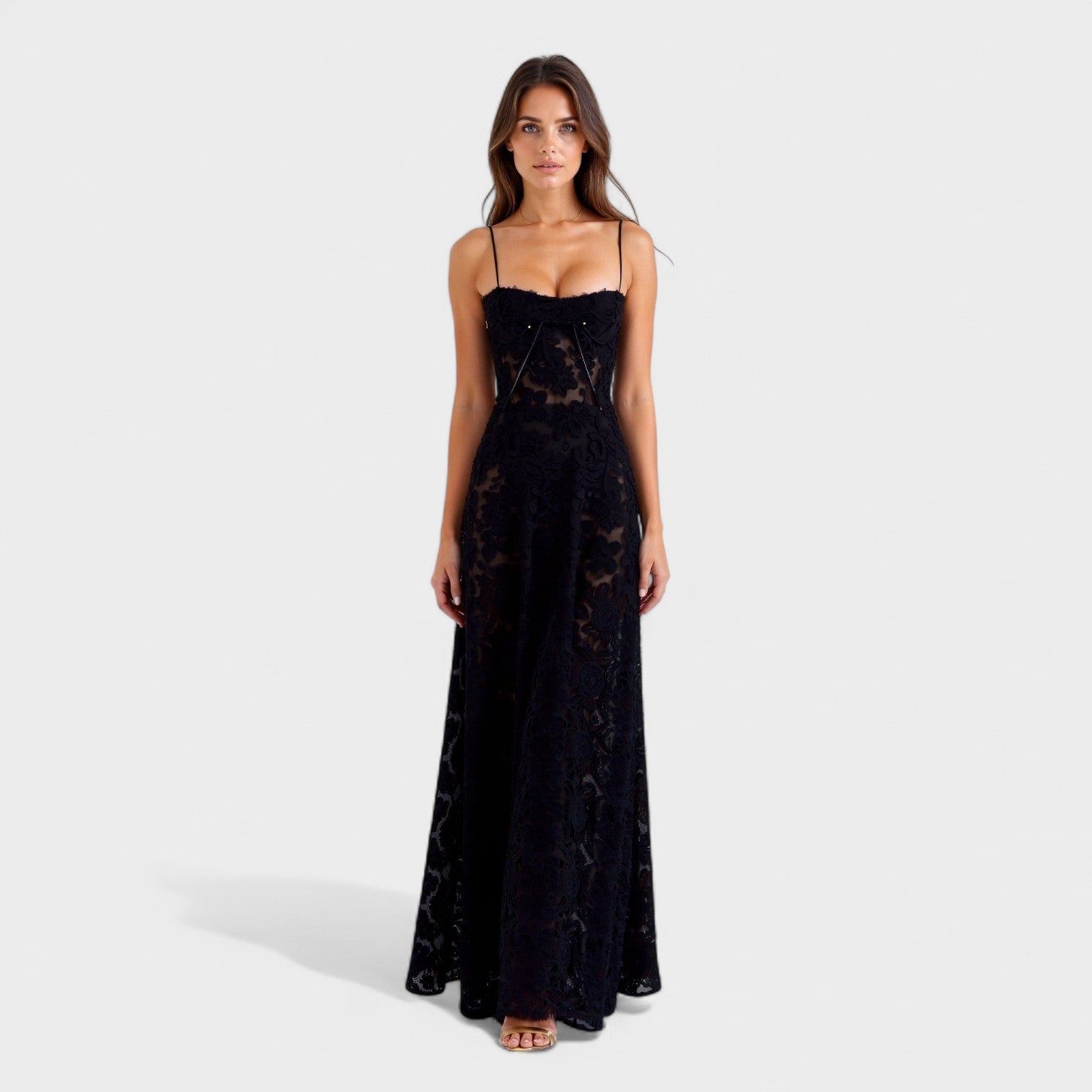 Vestido maxi em renda floral