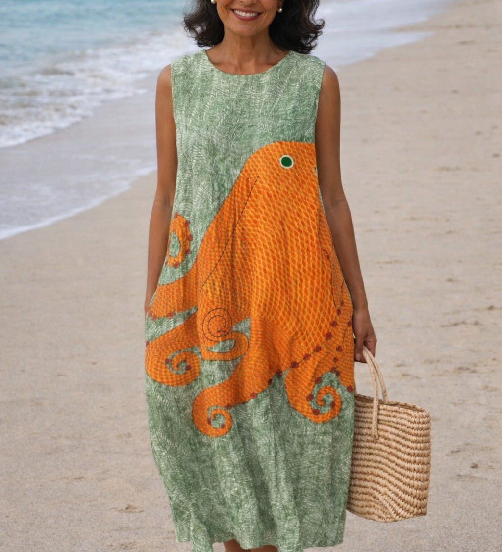 Moda Lusitana - Vestido Midi Sem Mangas Estilo Oceânico
