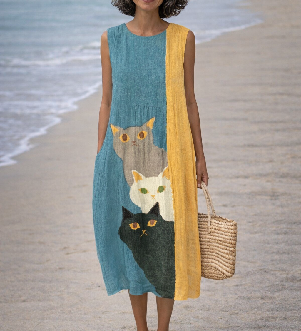 Moda Lusitana - Vestido Midi Artístico com Gatos