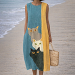 Moda Lusitana - Vestido Midi Artístico com Gatos
