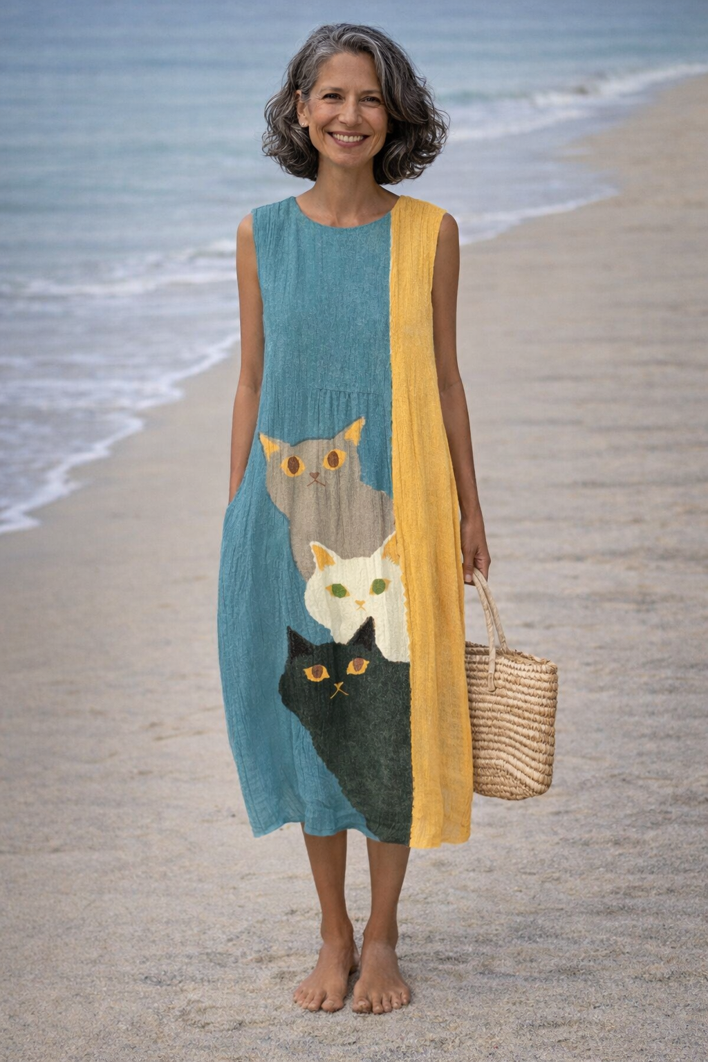 Moda Lusitana - Vestido Midi Artístico com Gatos