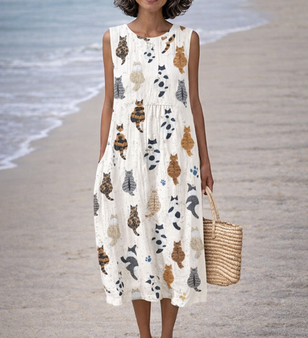 Moda Lusitana - Vestido Midi Estampado de Gatos