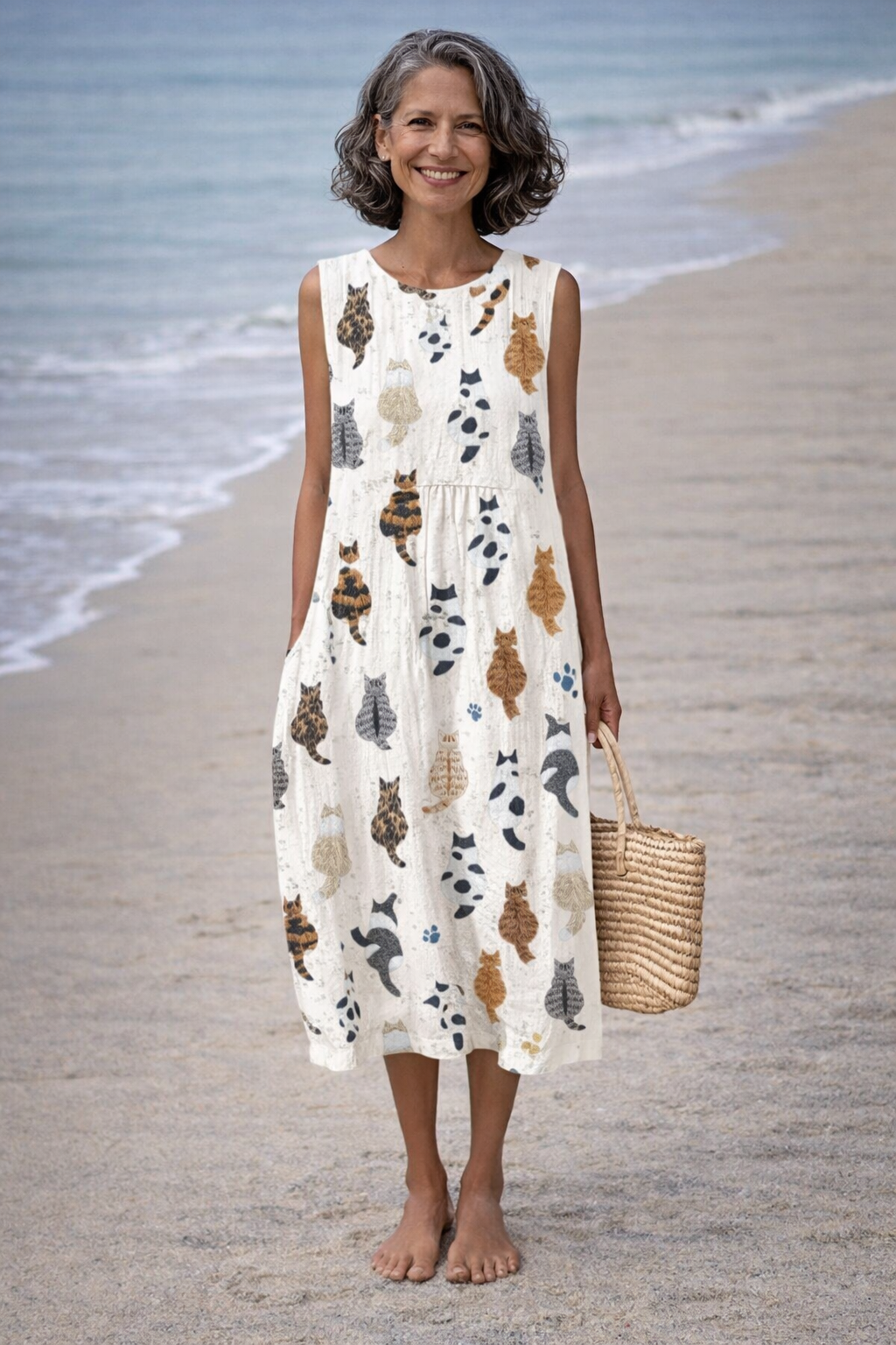 Moda Lusitana - Vestido Midi Estampado de Gatos