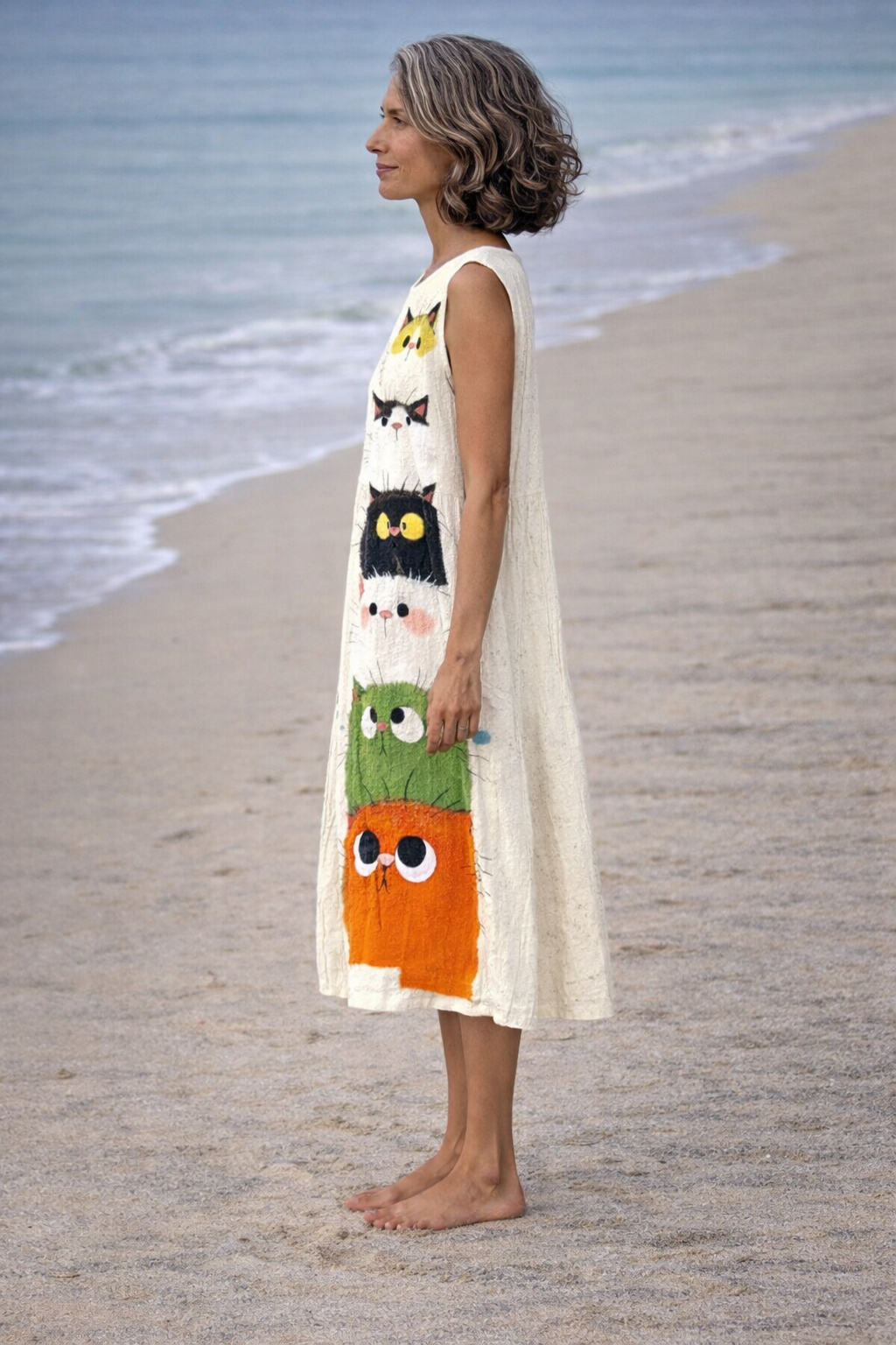Moda Lusitana - Vestido Midi Confortável com Estampa de Gatos