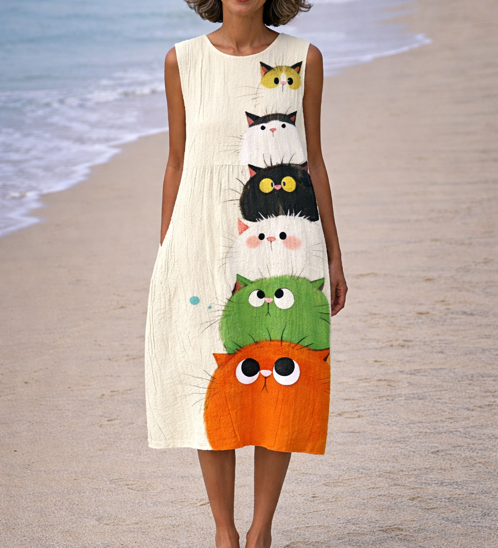 Moda Lusitana - Vestido Midi Confortável com Estampa de Gatos