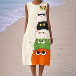 Moda Lusitana - Vestido Midi Confortável com Estampa de Gatos