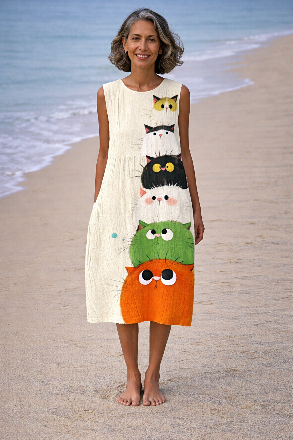 Moda Lusitana - Vestido Midi Confortável com Estampa de Gatos