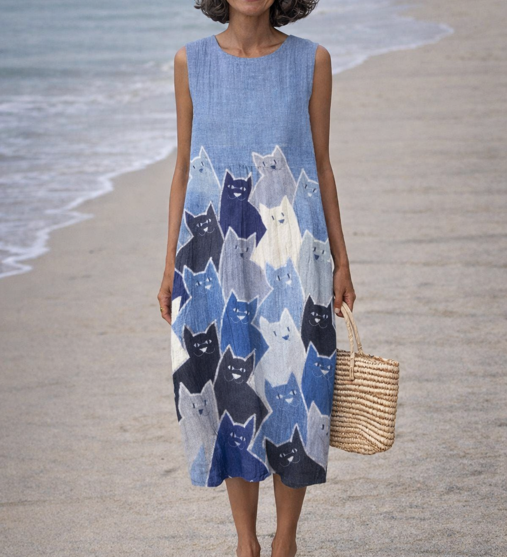 Moda Lusitana - Vestido Midi com Patchwork de Gatos