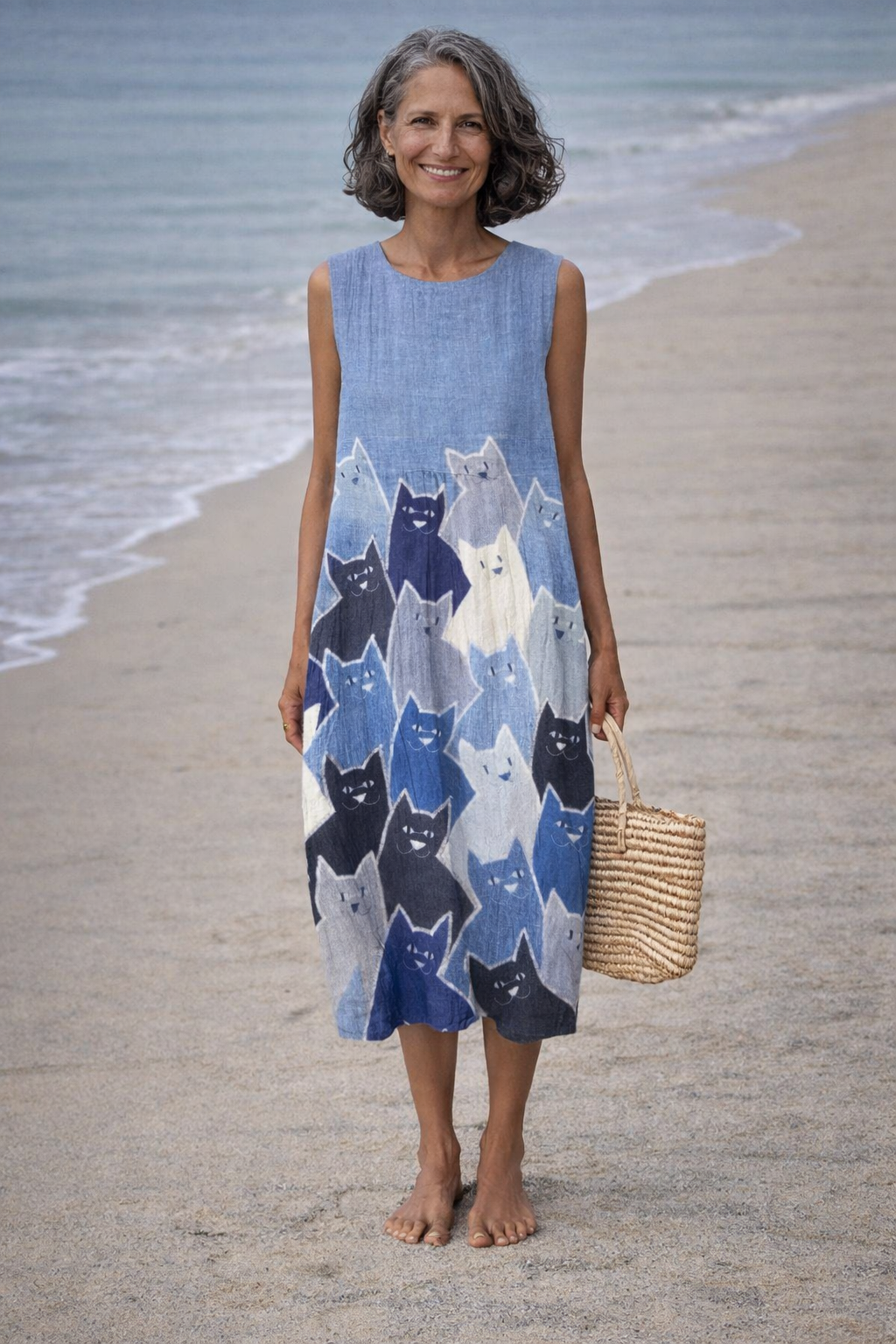 Moda Lusitana - Vestido Midi com Patchwork de Gatos
