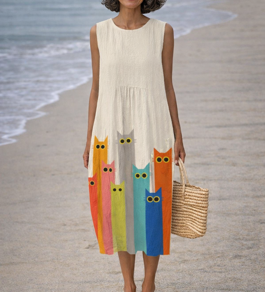 Moda Lusitana - Vestido Midi com Estampa de Gatos