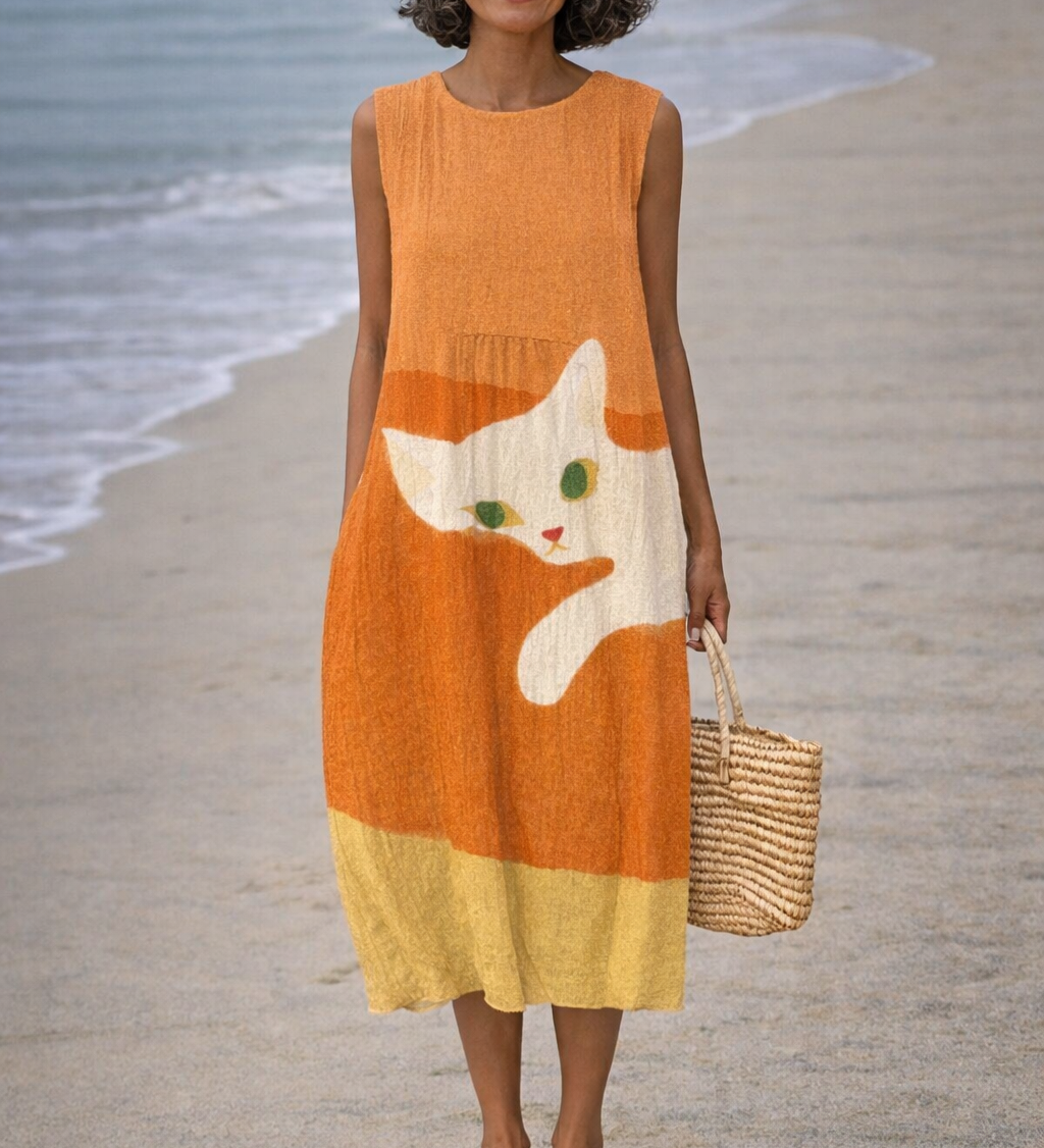 Moda Lusitana - Vestido Midi Estampado de Gatos