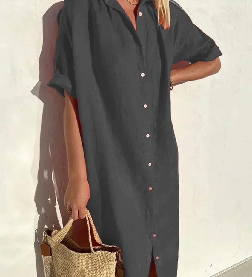 Delia - Vestido de senhora casual elegante com mangas compridas e fecho de botões Vestido em algodão e linho