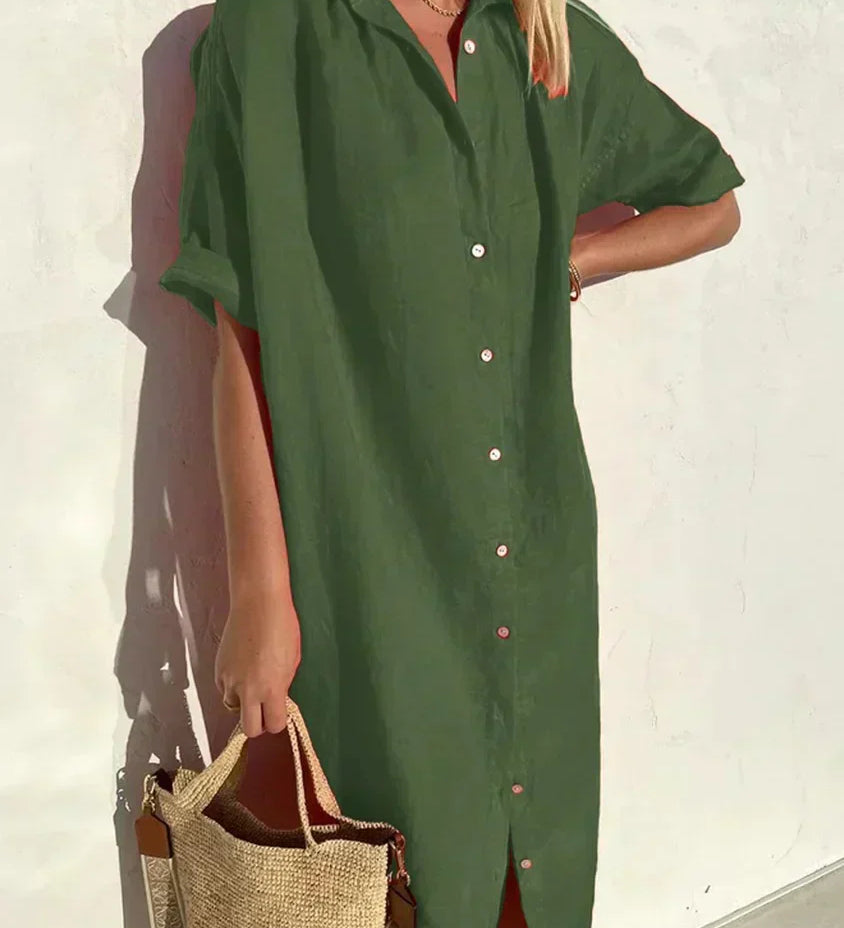 Delia - Vestido de senhora casual elegante com mangas compridas e fecho de botões Vestido em algodão e linho