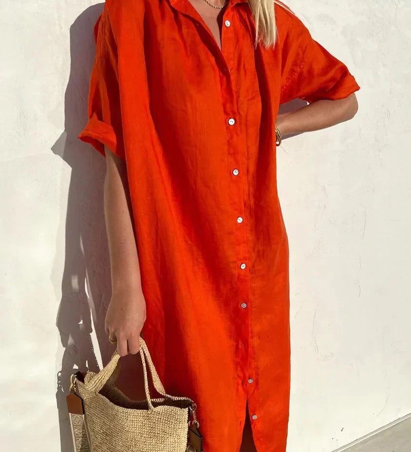 Delia - Vestido de senhora casual elegante com mangas compridas e fecho de botões Vestido em algodão e linho