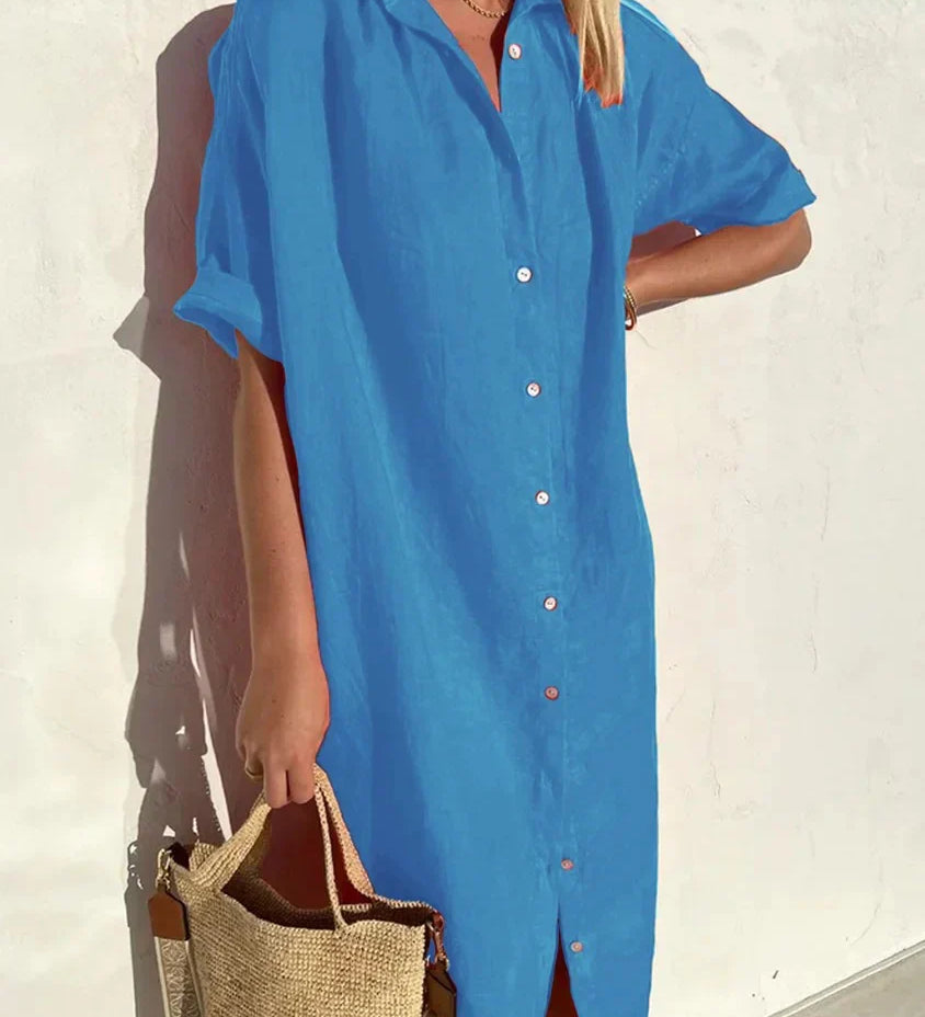 Delia - Vestido de senhora casual elegante com mangas compridas e fecho de botões Vestido em algodão e linho