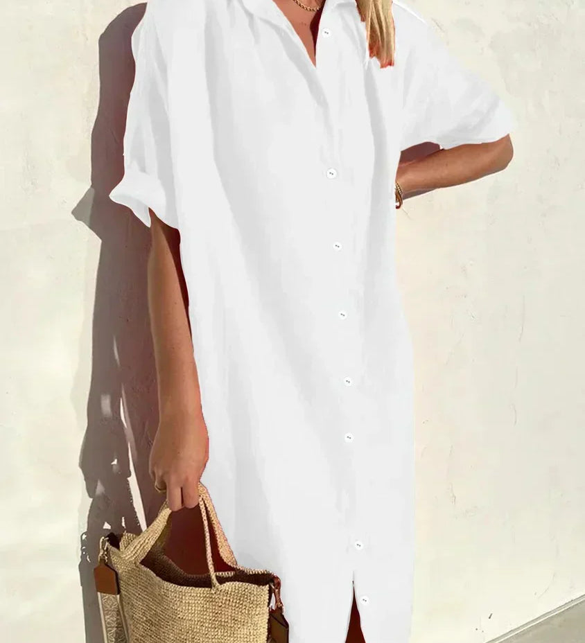 Delia - Vestido de senhora casual elegante com mangas compridas e fecho de botões Vestido em algodão e linho