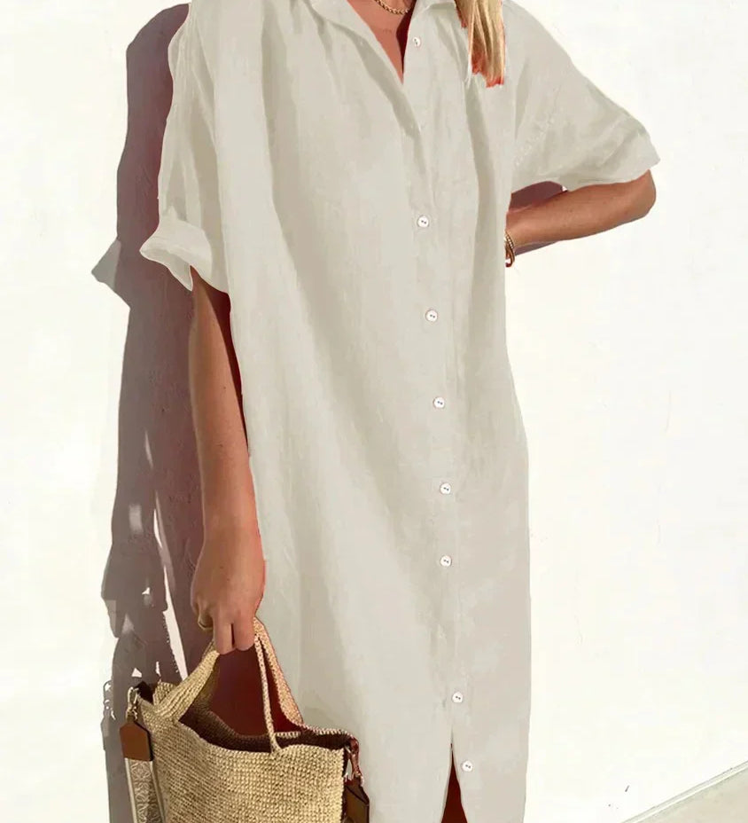 Delia - Vestido de senhora casual elegante com mangas compridas e fecho de botões Vestido em algodão e linho