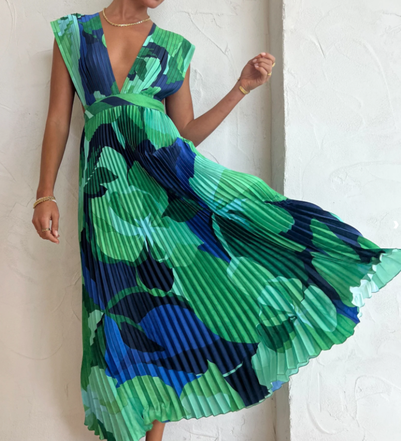 Evangelina™ - Vestido Plissado em Tons Azuis