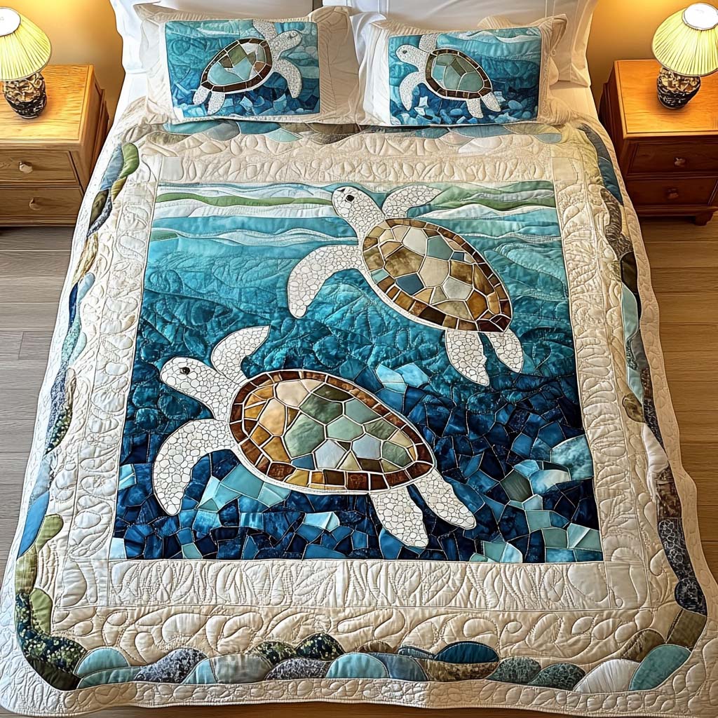 Conjunto de Roupa de Cama Acolchoada de 3 Peças Tartarugas