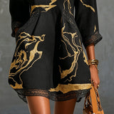 Moda Lusitana - Vestido Preto com Estampado Mármore Dourado e Renda Crochet