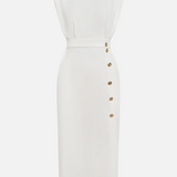 Aina - Vestido midi liso com fenda de botões e decote redondo