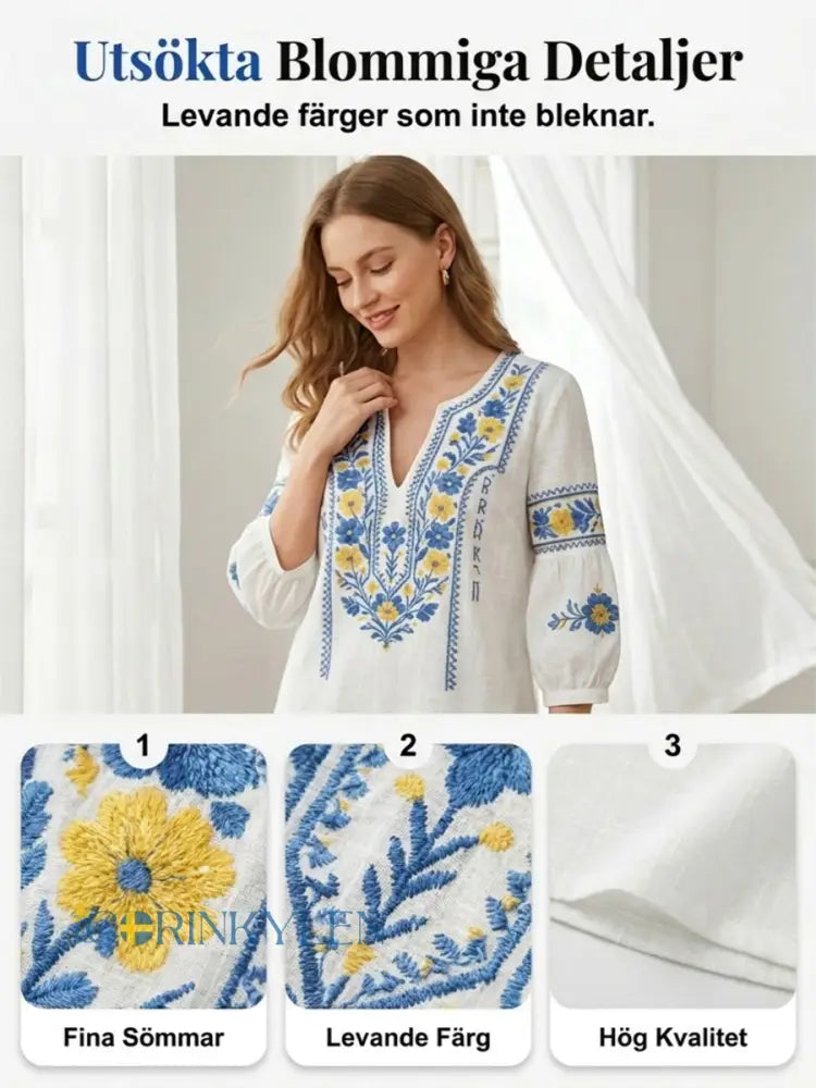 Dams retro artistisk svensk midsommarblommig topp med V-ringning