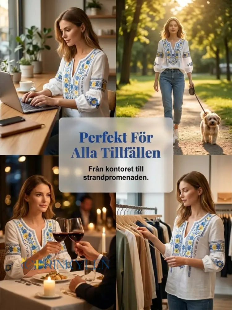 Dams retro artistisk svensk midsommarblommig topp med V-ringning