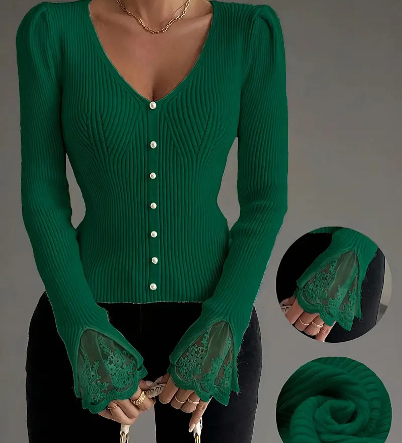 Mariana - Camisola Canelada com Decote em V e Mangas em Renda