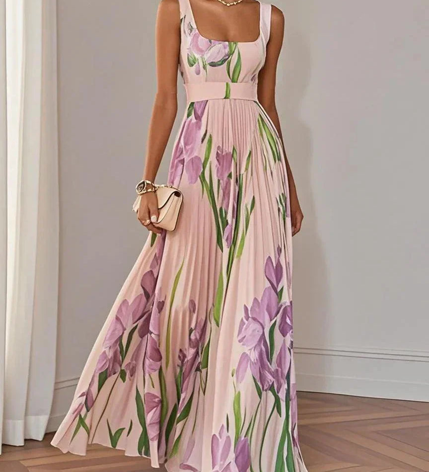 Nina - Vestido longo plissado floral